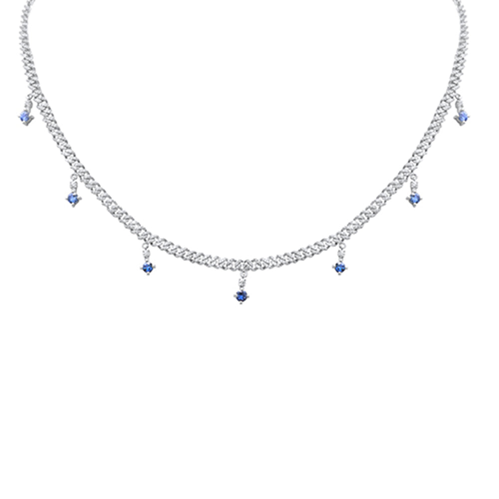 Muse Jewelry 2.18ct G SI 14K White Gold Diamond & Blue Sapphire Cuban Chain Necklace 12+4"Long