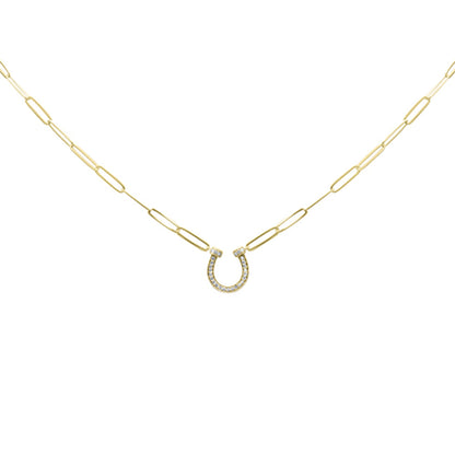 Muse Jewelry .13ct G SI 14K Yellow Gold Diamond Horse Shoe Pendant Paperclip Necklace 18" Long