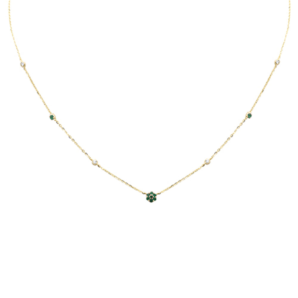 Muse Jewelry .28ct G SI 14K Yellow Gold Diamond & Emerald Gemstone Flower Pendant Necklace 16+2" Long