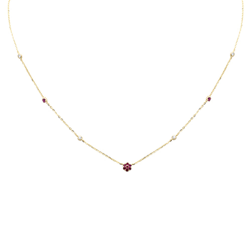 Muse Jewelry .35ct G SI 14K Yellow Gold Diamond & Ruby Gemstone Flower Pendant Necklace 16+2" Long