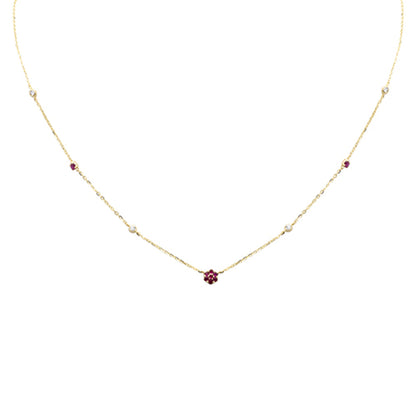 Muse Jewelry .35ct G SI 14K Yellow Gold Diamond & Ruby Gemstone Flower Pendant Necklace 16+2" Long