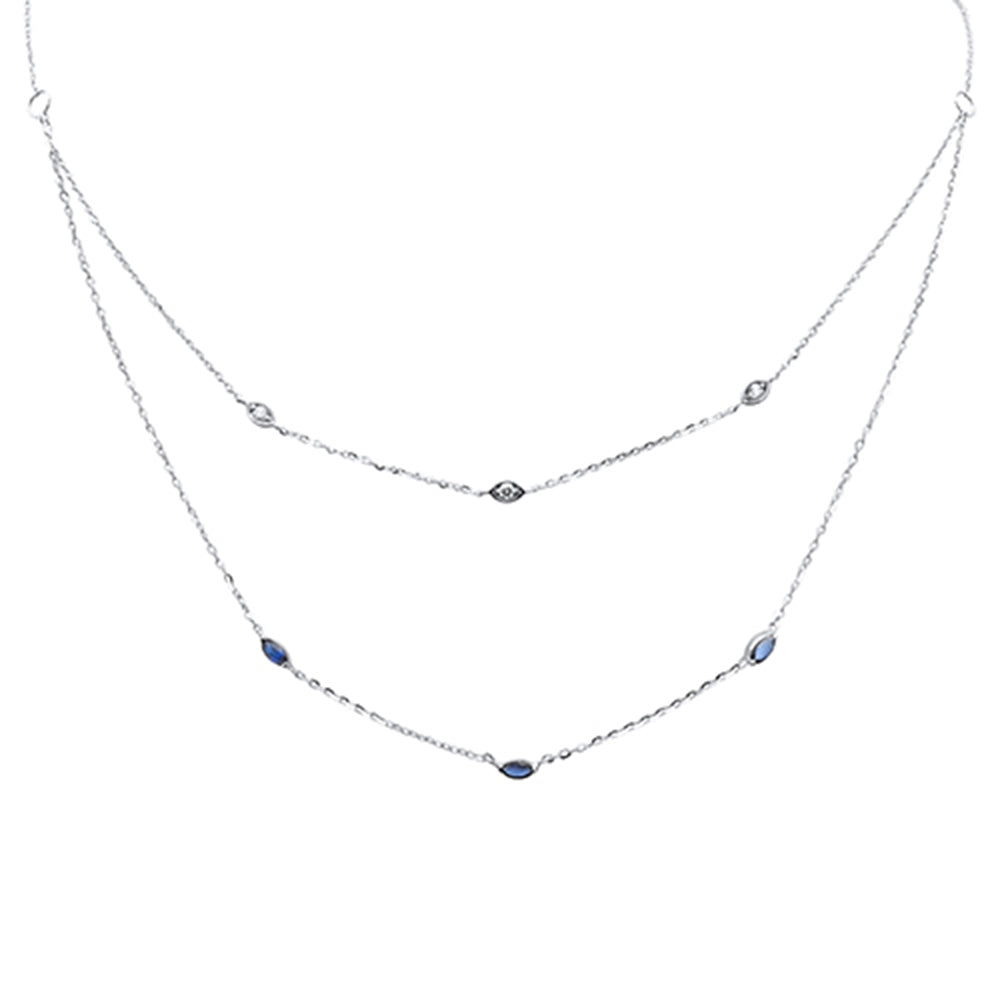 Muse Jewelry .39ct G SI 14K White Gold Diamond & Blue Sapphire Gemstone Pendant Necklace 16+2" Long