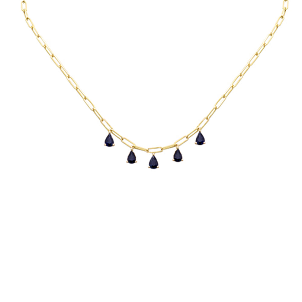 Muse Jewelry 2.60ct G SI 14K Yellow Gold Pear Drop Blue Sapphire Gemstone Paperclip Necklace 14+2" Long