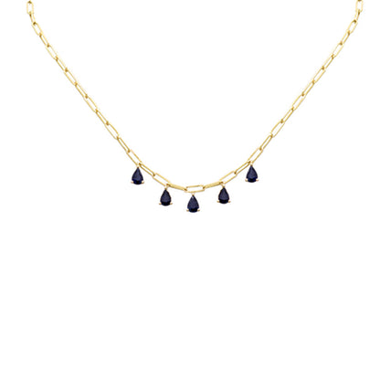 Muse Jewelry 2.60ct G SI 14K Yellow Gold Pear Drop Blue Sapphire Gemstone Paperclip Necklace 14+2" Long