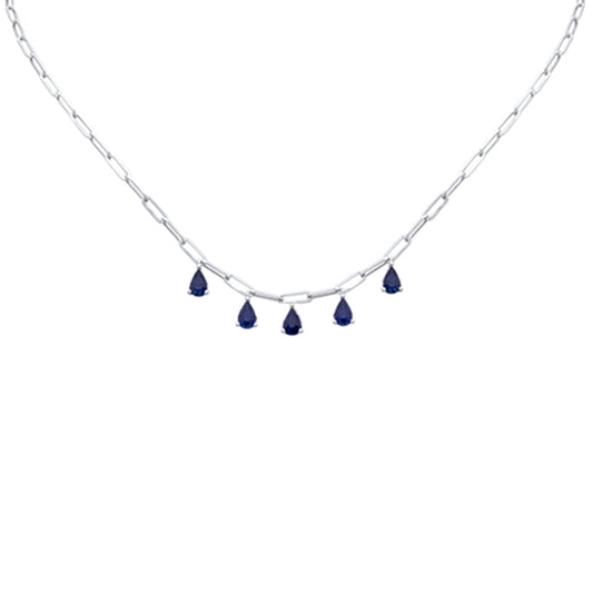 Muse Jewelry 2.60ct G SI 14K White Gold Pear Drop Blue Sapphire Gemstone Paperclip Necklace 14+2" Long