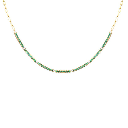 Muse Jewelry 2.23ct G SI 14K Yellow Gold Diamond & Emerald Gemstone Paperclip Tennis Necklace 16+1" Long