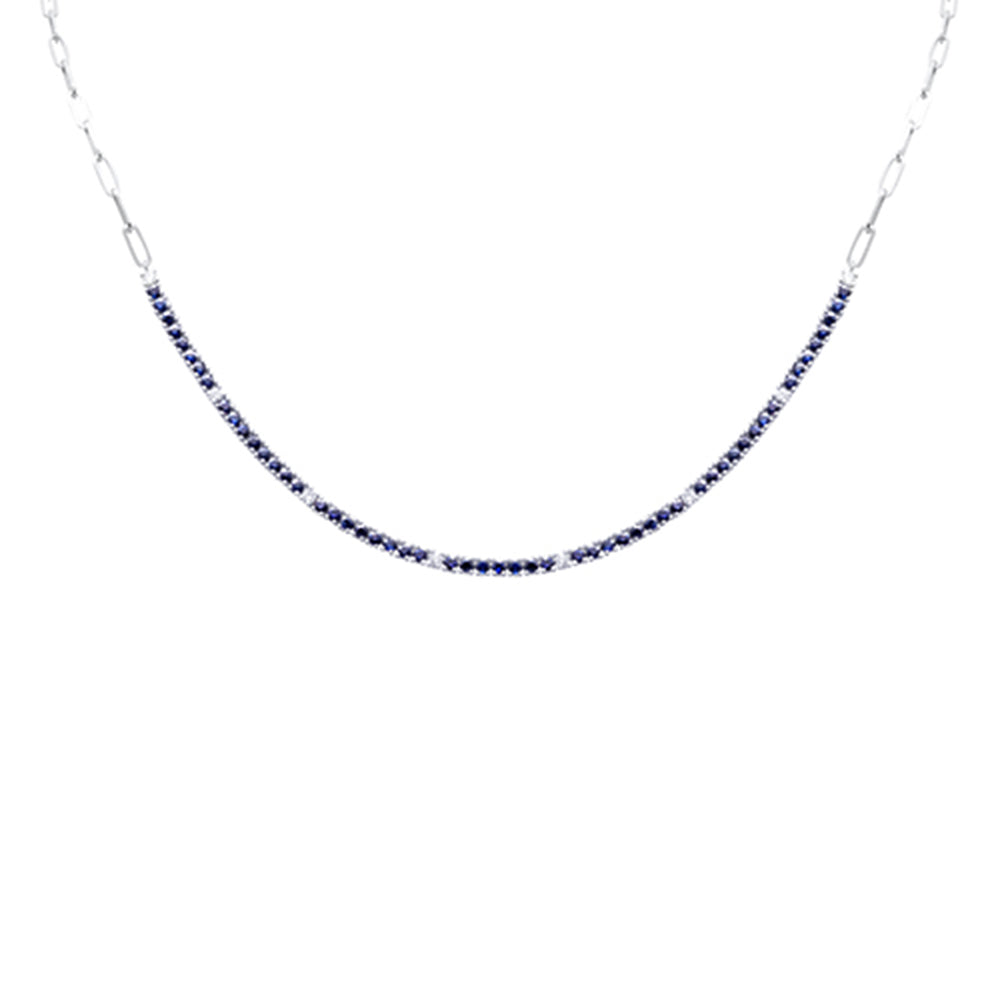 Muse Jewelry 2.96ct G SI 14K White Gold Diamond & Blue Sapphire Gemstone Paperclip Tennis Necklace 16 + 1" Long