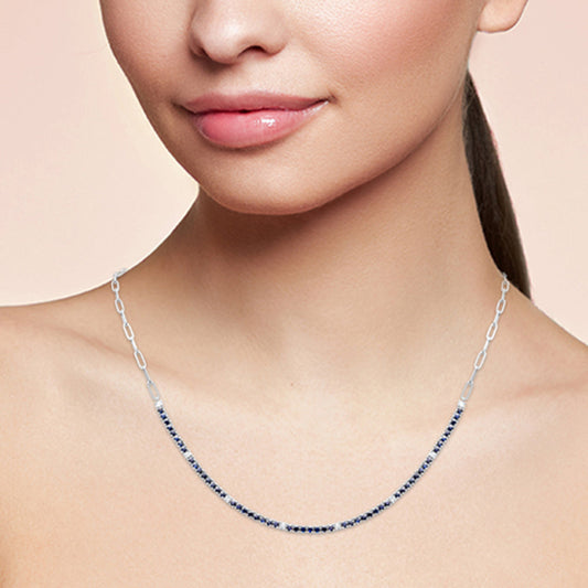 Muse Jewelry 2.96ct G SI 14K White Gold Diamond & Blue Sapphire Gemstone Paperclip Tennis Necklace 16 + 1" Long