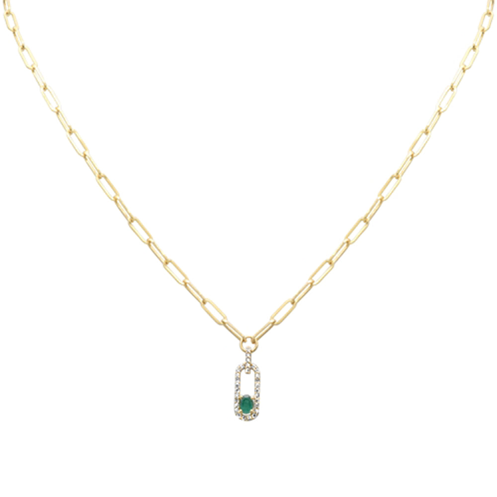 Muse Jewelry .30ct G SI 14K Yellow Gold Diamond & Green Emerald Paper Clip Pendant Paper Clip Necklace 14" + 2" EXT