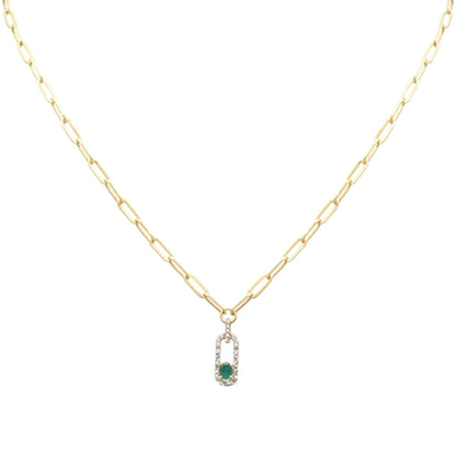 Muse Jewelry .30ct G SI 14K Yellow Gold Diamond & Green Emerald Paper Clip Pendant Paper Clip Necklace 14" + 2" EXT