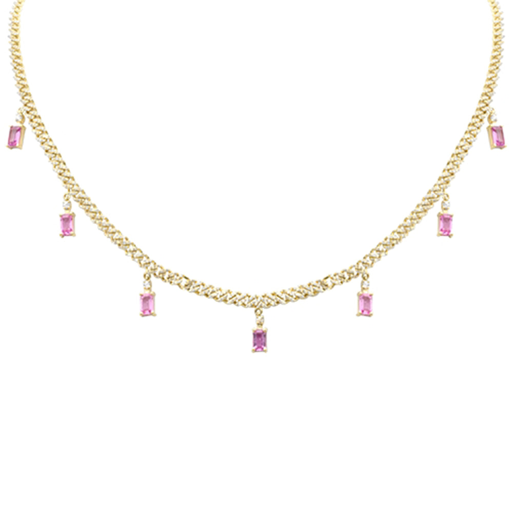 Muse Jewelry 3.47ct G SI 14K Yellow Gold Diamond & Pink Sapphire Cuban Link Necklace 12" + 4" EXT