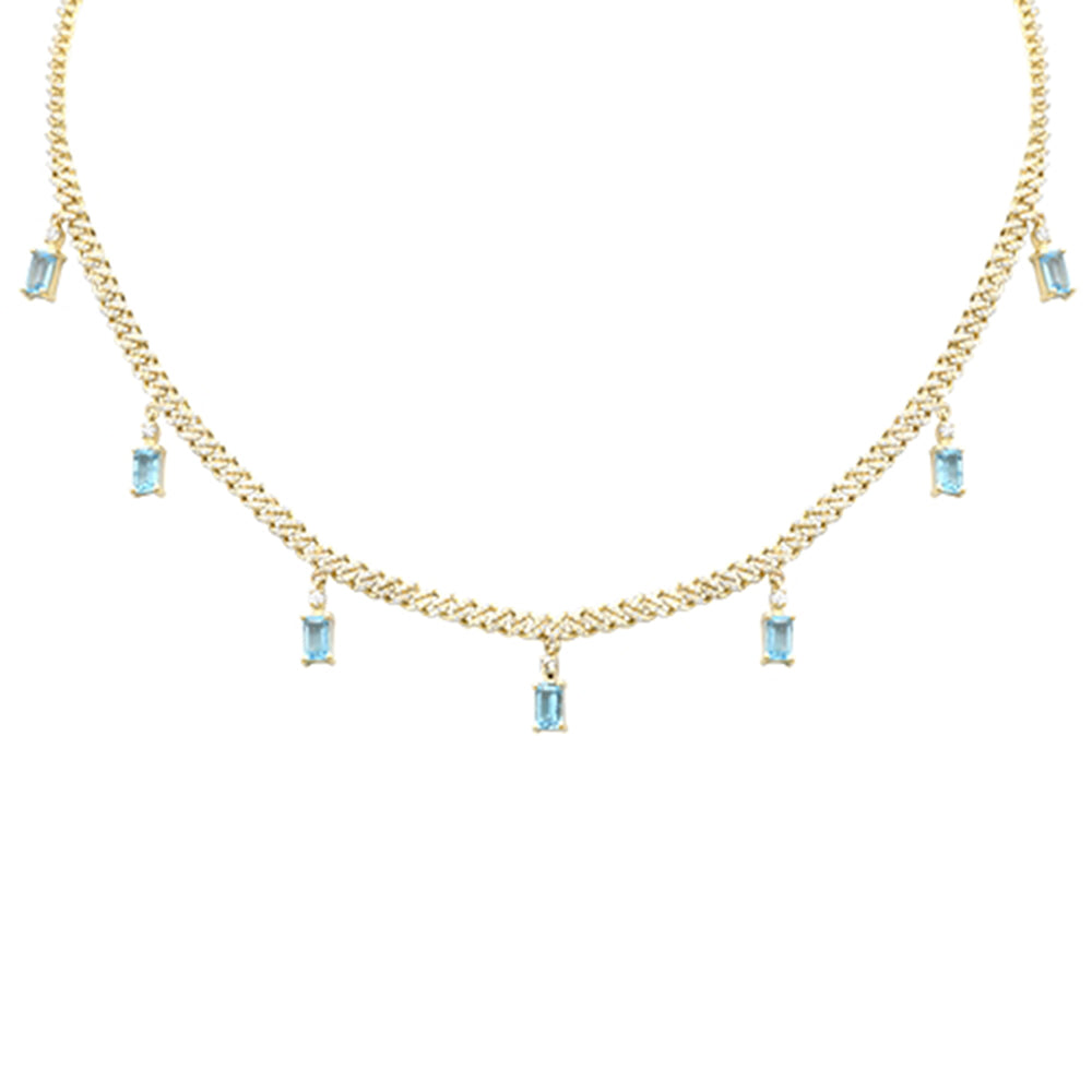 Muse Jewelry 3.80ct G SI 14K Yellow Gold Diamond & Aquamarine Cuban Link Necklace 12" + 4" EXT