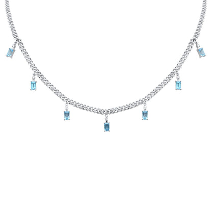 Muse Jewelry 3.80ct G SI 14K White Gold Diamond & Aquamarine Cuban Necklace 12" + 4" EXT