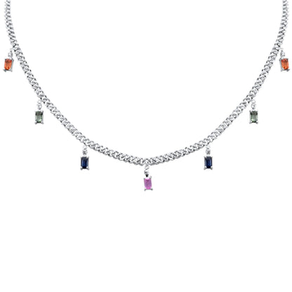 Muse Jewelry 3.93ct G SI 14K White Gold Diamond & Multi Color 3MM Cuban Link Necklace 12" + 4" EXT