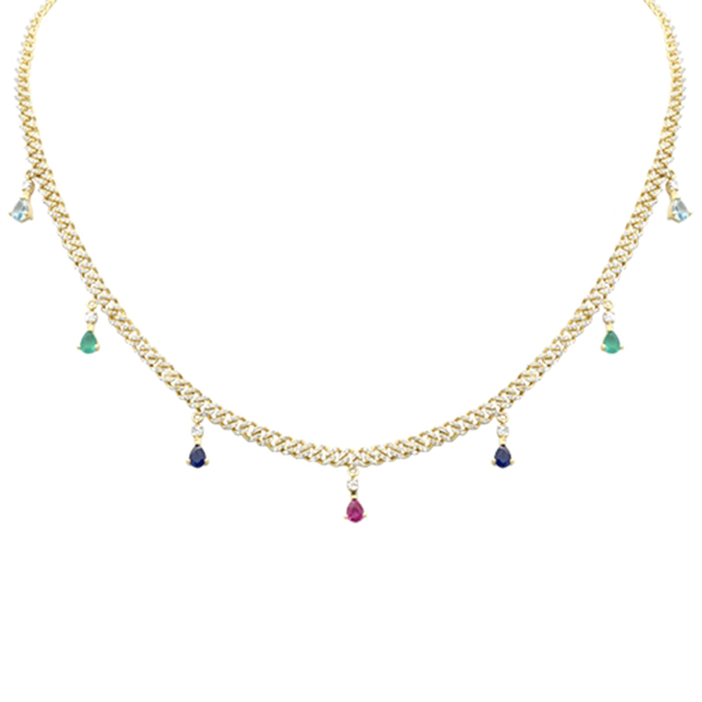 Muse Jewelry 2.74ct G SI 14K Yellow Gold Diamond & Multi Color Gemstone Cuban Link Necklace 14" + 2" EXT