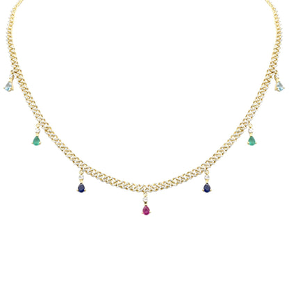 Muse Jewelry 2.74ct G SI 14K Yellow Gold Diamond & Multi Color Gemstone Cuban Link Necklace 14" + 2" EXT