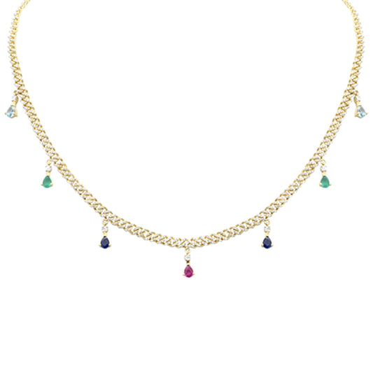 Muse Jewelry 2.74ct G SI 14K Yellow Gold Diamond & Multi Color Gemstone Cuban Link Necklace 14" + 2" EXT