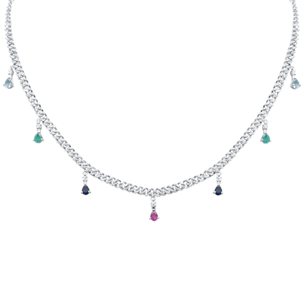 Muse Jewelry 2.74ct G SI 14K White Gold Diamond & Multi Color Gemstone Cuban Necklace 14" + 2" EXT