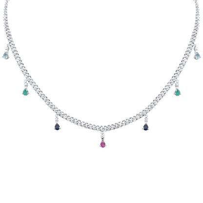 Muse Jewelry 2.74ct G SI 14K White Gold Diamond & Multi Color Gemstone Cuban Necklace 14" + 2" EXT