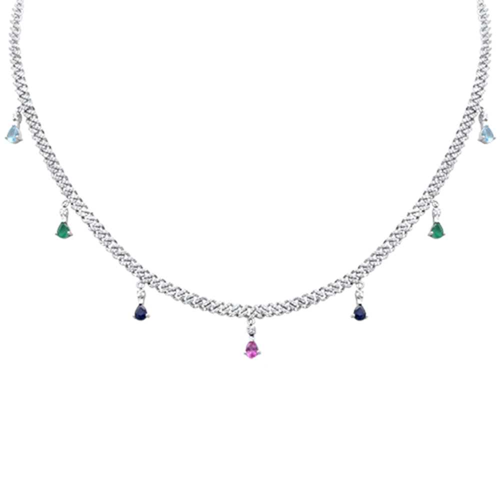 Muse Jewelry 2.52ct G SI 14K White Gold Diamond & Multi Color Gemstone Cuban Link Necklace 12" + 2" EXT