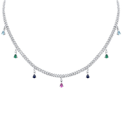 Muse Jewelry 2.52ct G SI 14K White Gold Diamond & Multi Color Gemstone Cuban Link Necklace 12" + 2" EXT