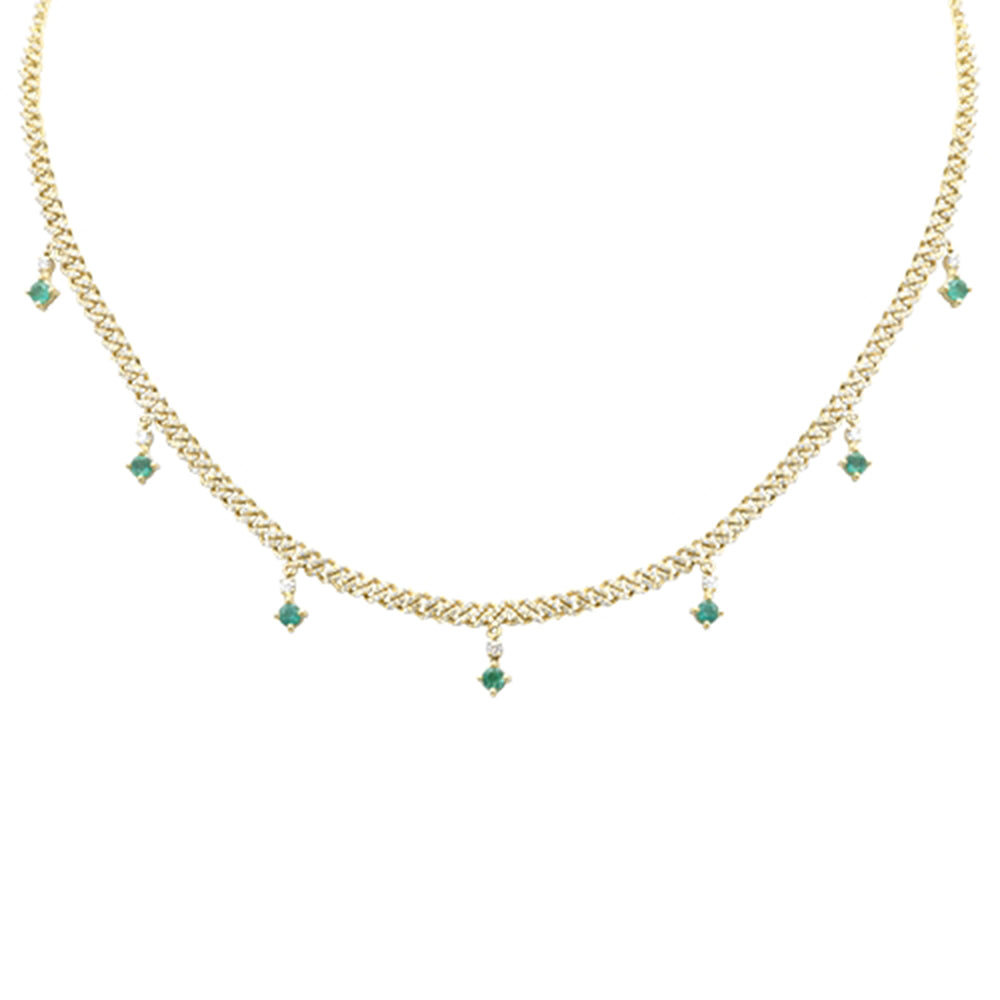 Muse Jewelry 2.02ct G SI 14K Yellow Gold Diamond & Emerald Cuban Link Necklace 12" + 2" EXT