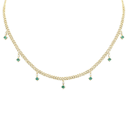 Muse Jewelry 2.02ct G SI 14K Yellow Gold Diamond & Emerald Cuban Link Necklace 12" + 2" EXT