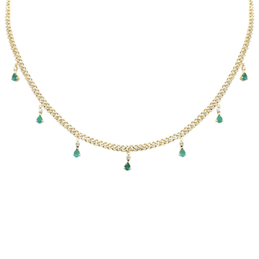 Muse Jewelry 2.22ct G SI 14K Yellow Gold Diamond & Emerald 3MM Cuban Link Necklace 12" + 4" EXT
