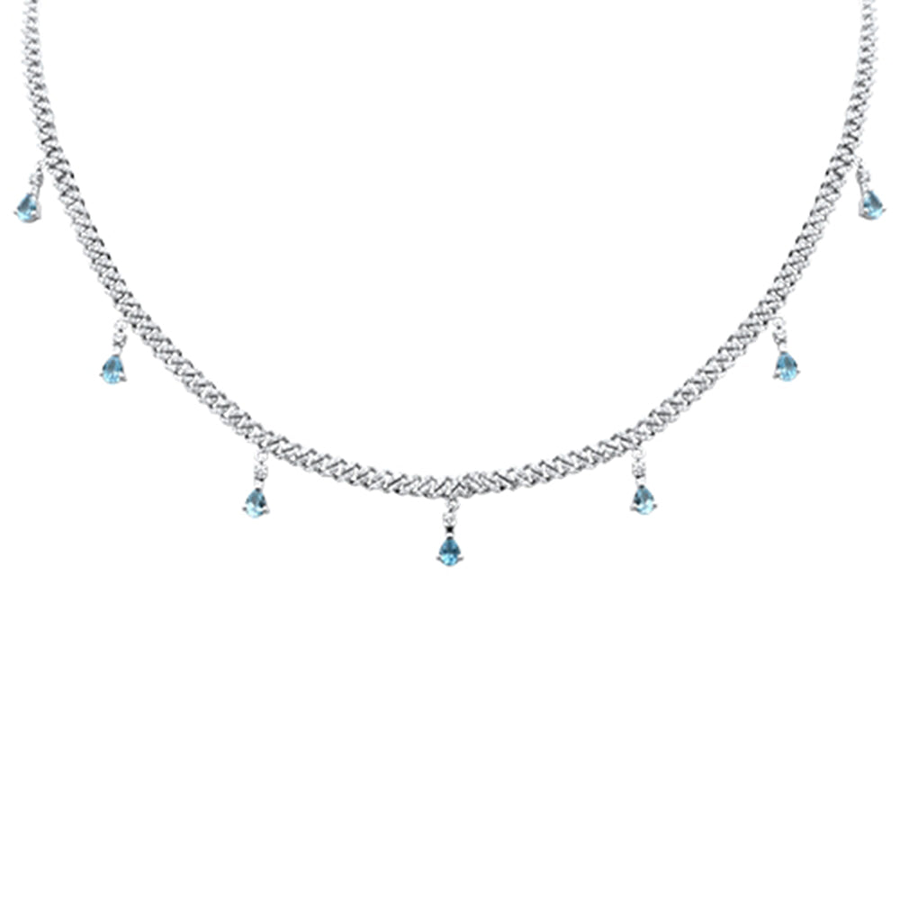 Muse Jewelry 2.40ct G SI 14K White Gold Diamond & Aquamarine Cuban Link Necklace 12" + 4" EXT