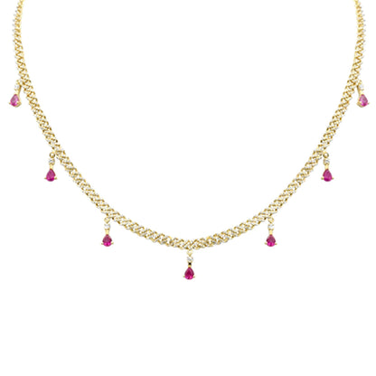 Muse Jewelry 2.54ct G SI 14K Yellow Gold Diamond & Pink Sapphire Cuban Link Necklace 12" + 4" EXT