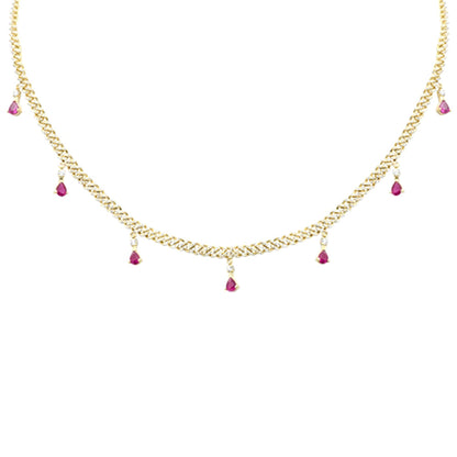 Muse Jewelry 2.52ct G SI 14K Yellow Gold Diamond & Ruby Cuban Link Necklace 14" + 2" EXT