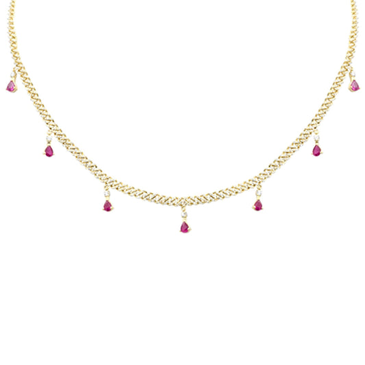 Muse Jewelry 2.52ct G SI 14K Yellow Gold Diamond & Ruby Cuban Link Necklace 14" + 2" EXT