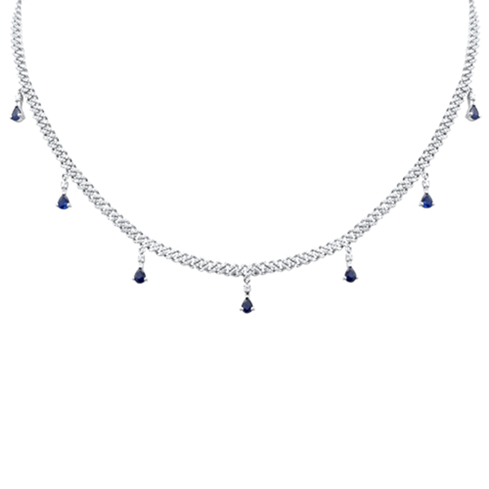 Muse Jewelry 2.44ct G SI 14k White Gold Diamond & Blue Sapphire Cuban Link Necklace 14" + 2" EXT