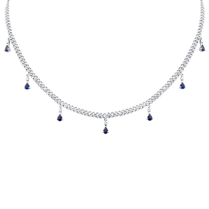 Muse Jewelry 2.44ct G SI 14k White Gold Diamond & Blue Sapphire Cuban Link Necklace 14" + 2" EXT