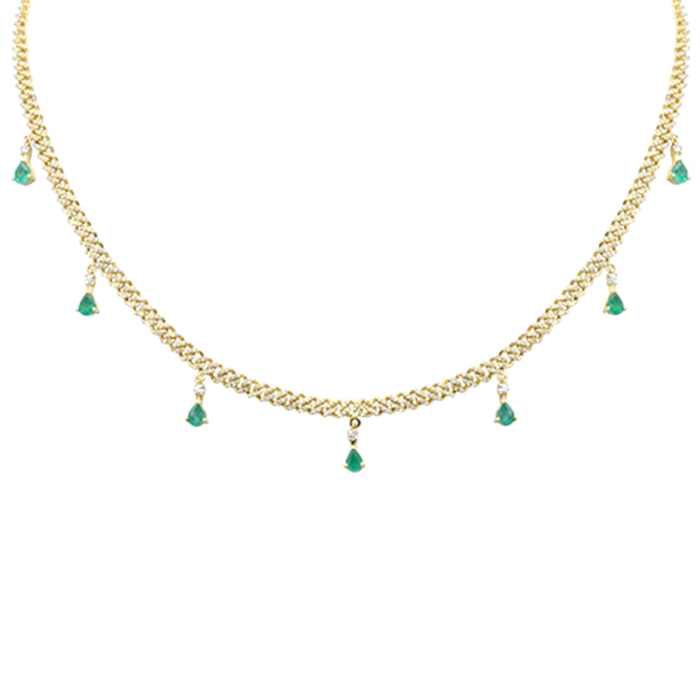 Muse Jewelry 2.43ct G SI 14K Yellow Gold Diamond & Emerald Cuban Link Necklace 14" + 2" EXT