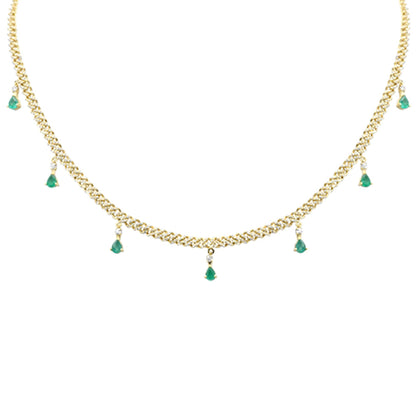 Muse Jewelry 2.43ct G SI 14K Yellow Gold Diamond & Emerald Cuban Link Necklace 14" + 2" EXT