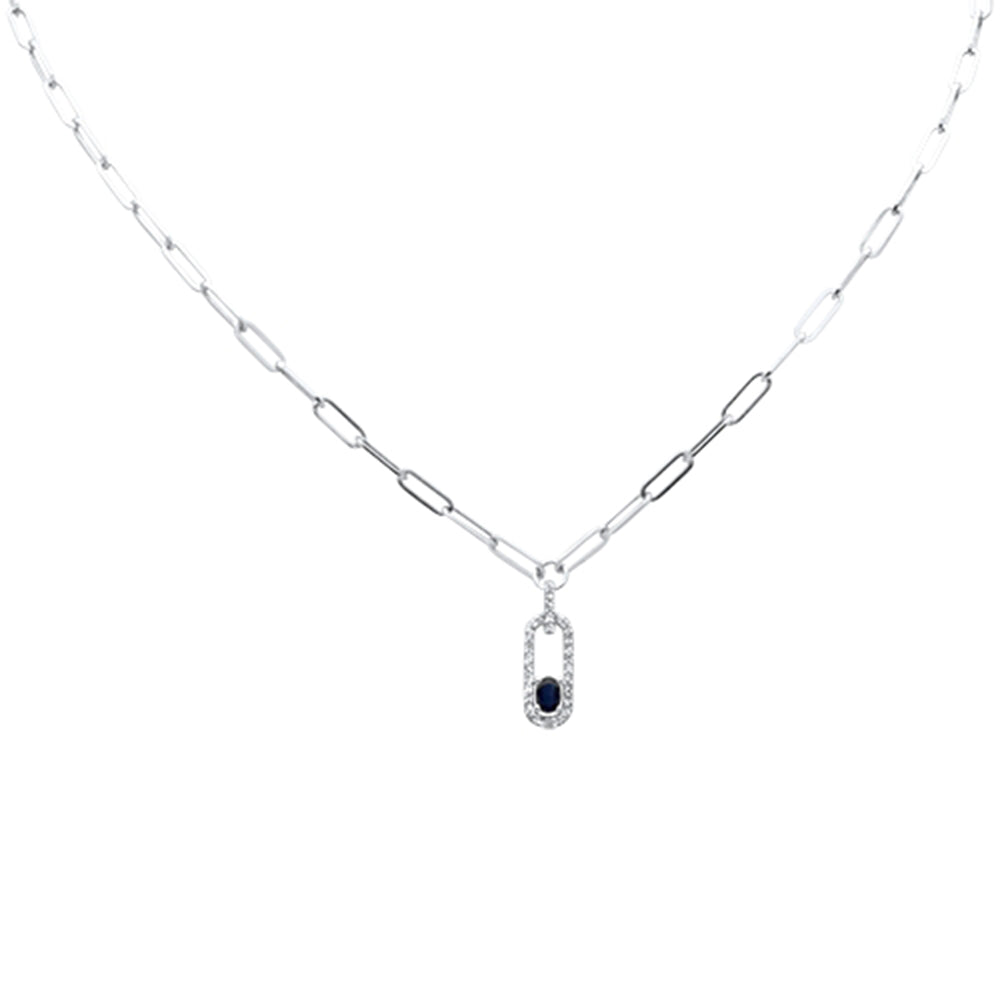 Muse Jewelry .52ct G SI 14K White Gold Diamond & Blue Sapphire Paper Clip Pendant Necklace 14" + 2" EXT