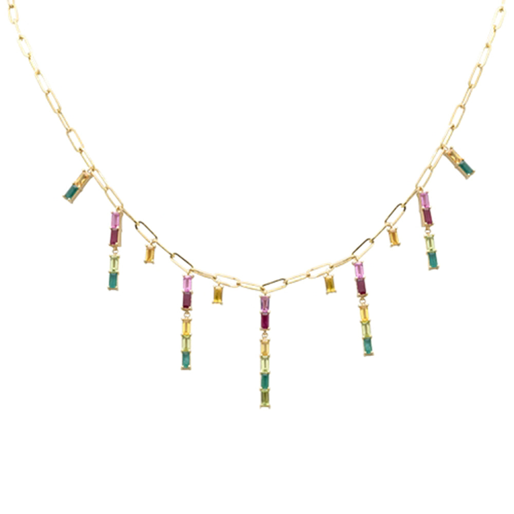 Muse Jewelry 4.35ct G SI 14K Yellow Gold Multi Color Gemstone Dangling Paper Clip Necklace 16" + 2" EXT