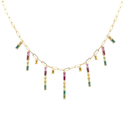 Muse Jewelry 4.35ct G SI 14K Yellow Gold Multi Color Gemstone Dangling Paper Clip Necklace 16" + 2" EXT