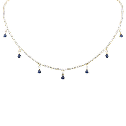 Muse Jewelry 3.42ct G SI 14K White Gold Diamond & Blue Sapphire Gemstone Tennis Necklace 14" + 2" Long