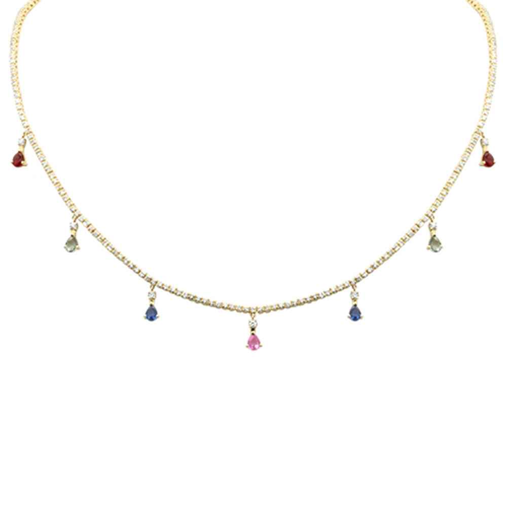 Muse Jewelry 3.56ct G SI 14K Yellow Gold Diamond & Multi Color Gemstone Tennis Necklace 14" + 2" Long