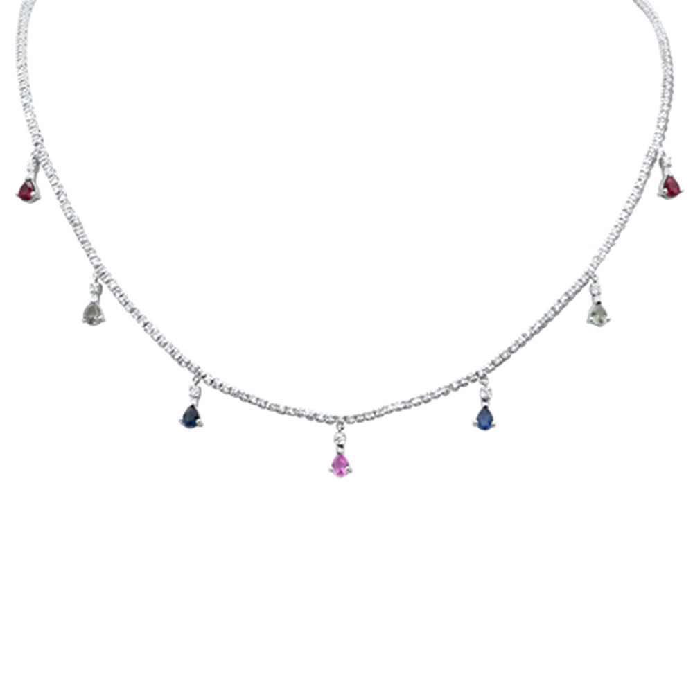 Muse Jewelry 3.32ct G SI 14K White Gold Diamond & Multi Color Gemstone Tennis Necklace 14" + 2" Long