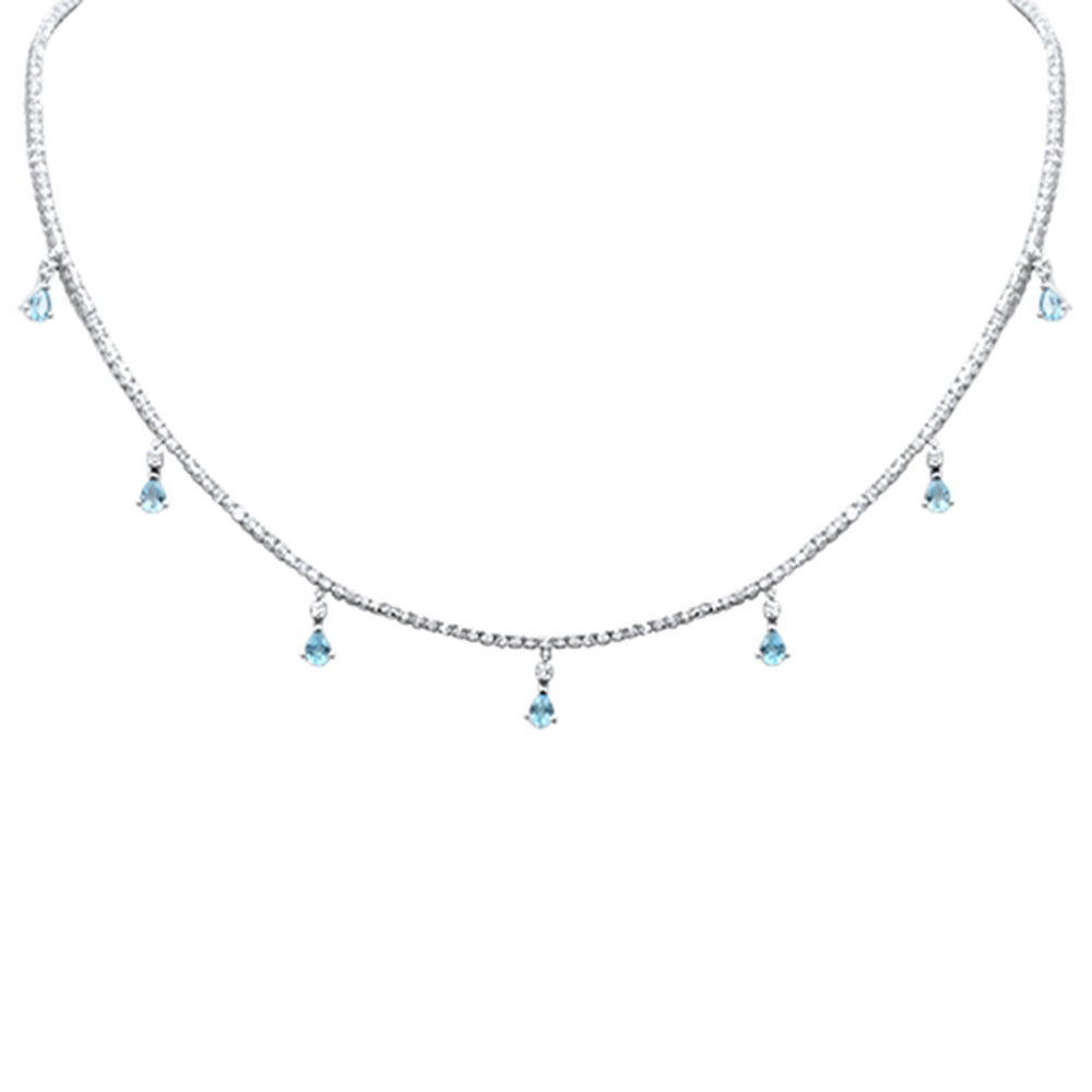 Muse Jewelry 3.36ct G SI 14K White Gold Diamond & Aquamarine Gemstone Tennis Necklace 14" + 2" Long