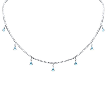 Muse Jewelry 3.36ct G SI 14K White Gold Diamond & Aquamarine Gemstone Tennis Necklace 14" + 2" Long