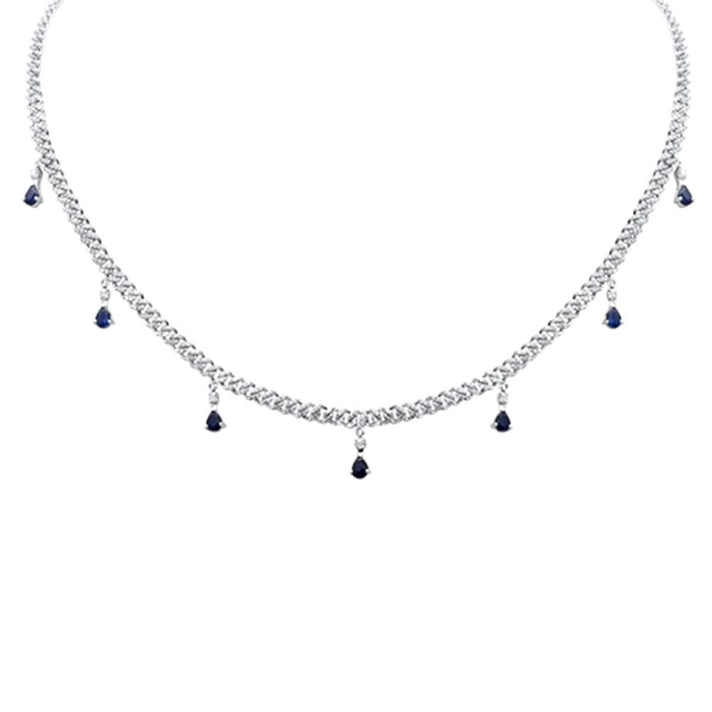 Muse Jewelry 2.35CT G SI 14K White Gold Diamond & Blue Sapphire Gemstone Cuban Necklace 12" + 4" Long