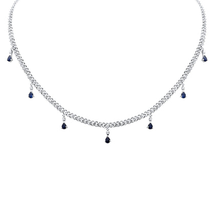 Muse Jewelry 2.35CT G SI 14K White Gold Diamond & Blue Sapphire Gemstone Cuban Necklace 12" + 4" Long