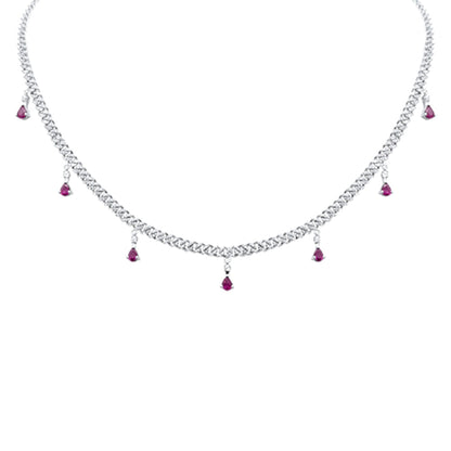 Muse Jewelry 2.56ct G SI 14K White Gold Diamond & Ruby Gemstone Cuban Necklace 12" + 4" Long