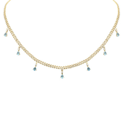 Muse Jewelry 2.54ct G SI 14K Yellow Gold Diamond & Blue Topaz Gemstone Cuban Necklace 12" + 4" Long