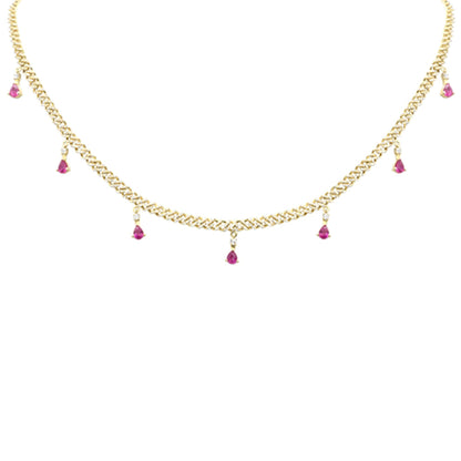 Muse Jewelry 2.49ct G SI 14K Yellow Gold Diamond & Pink Tourmaline Gemstone Cuban Necklace 14" + 2" Long