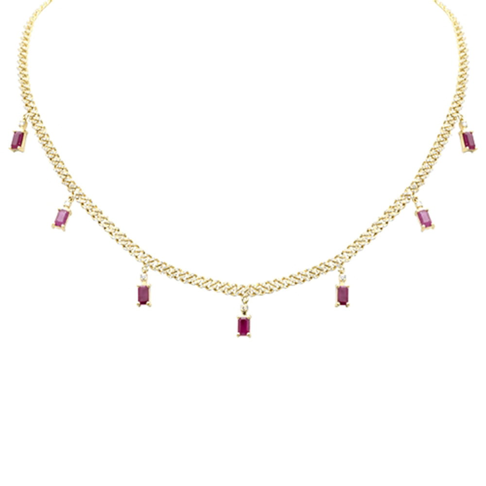 Muse Jewelry 3.51ct G SI 14K Yellow Gold Diamond & Ruby Gemstone Cuban Necklace 12" + 4" Long